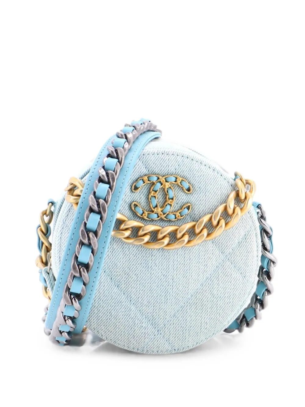 Pre-owned Chanel 19 Round Clutch With Chain Quilted Denim Crossbody Bag In Blue