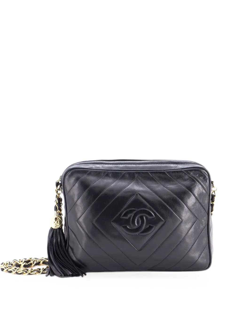 CHANEL Pre-Owned Borsa a tracolla Diamond CC media in pelle di agnello con motivo Chevron - Nero