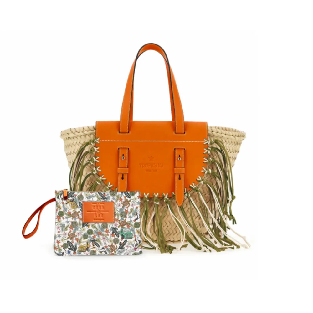 CUBA LAB Tropicana shopper met franje Beige