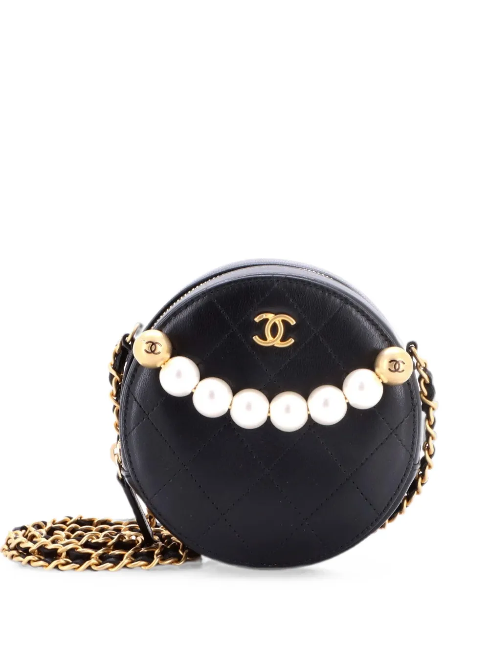 CHANEL Pre-Owned Clutch tonda in pelle di agnello trapuntata con catena e perle - Nero