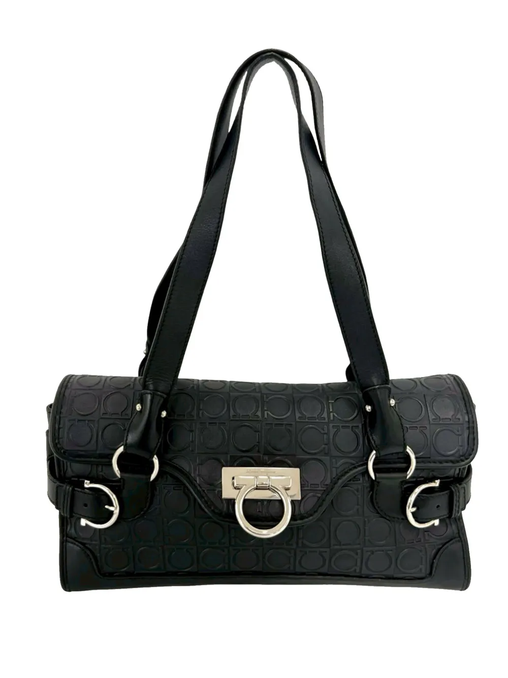 Ferragamo Pre-Owned Borsa a spalla Gancini in pelle goffrata 2010-2026 - Nero