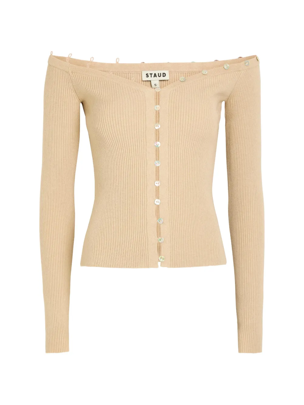 Staud Ribbed-knit Off-shoulder Cardigan In Neutral