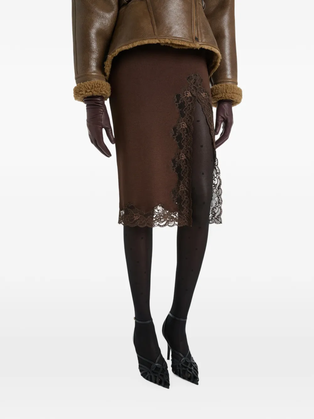 Balmain Gebreide midi-rok met kant Bruin
