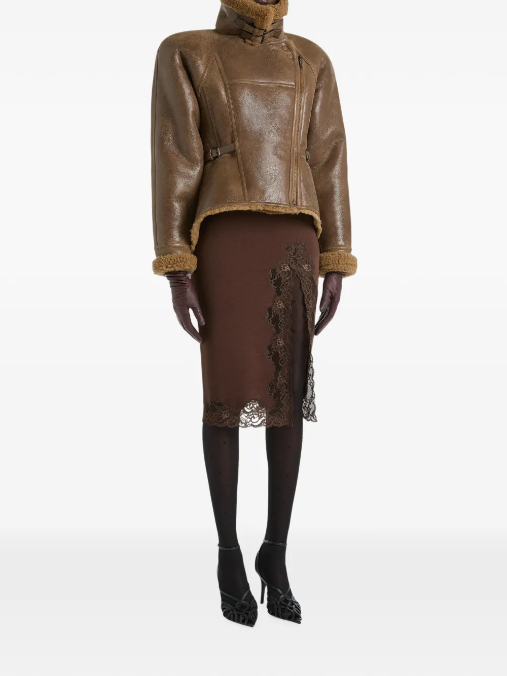 Balmain Gebreide midi-rok met kant Bruin