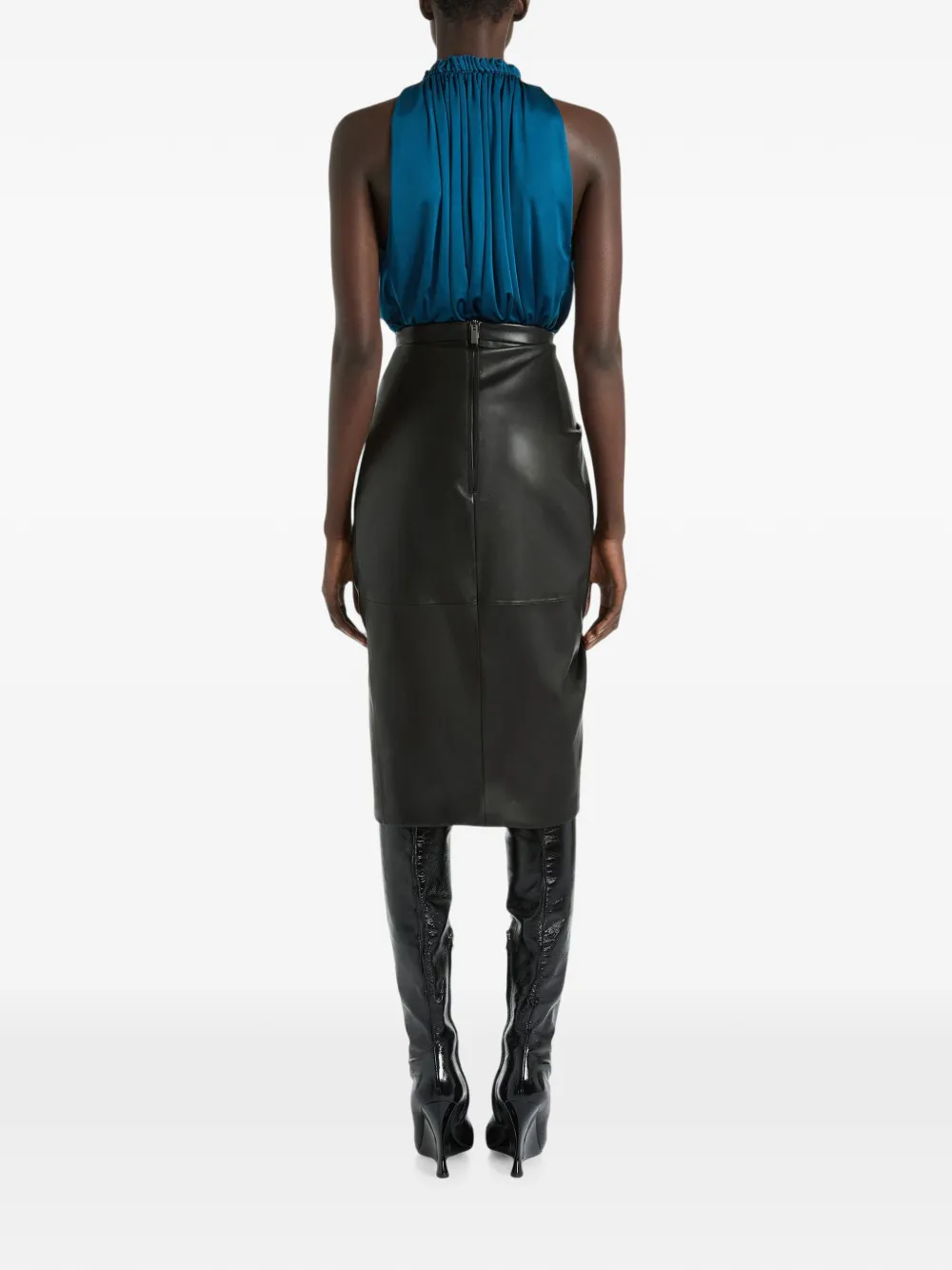 Balmain Gedrapeerde lamsleren midi-rok Zwart