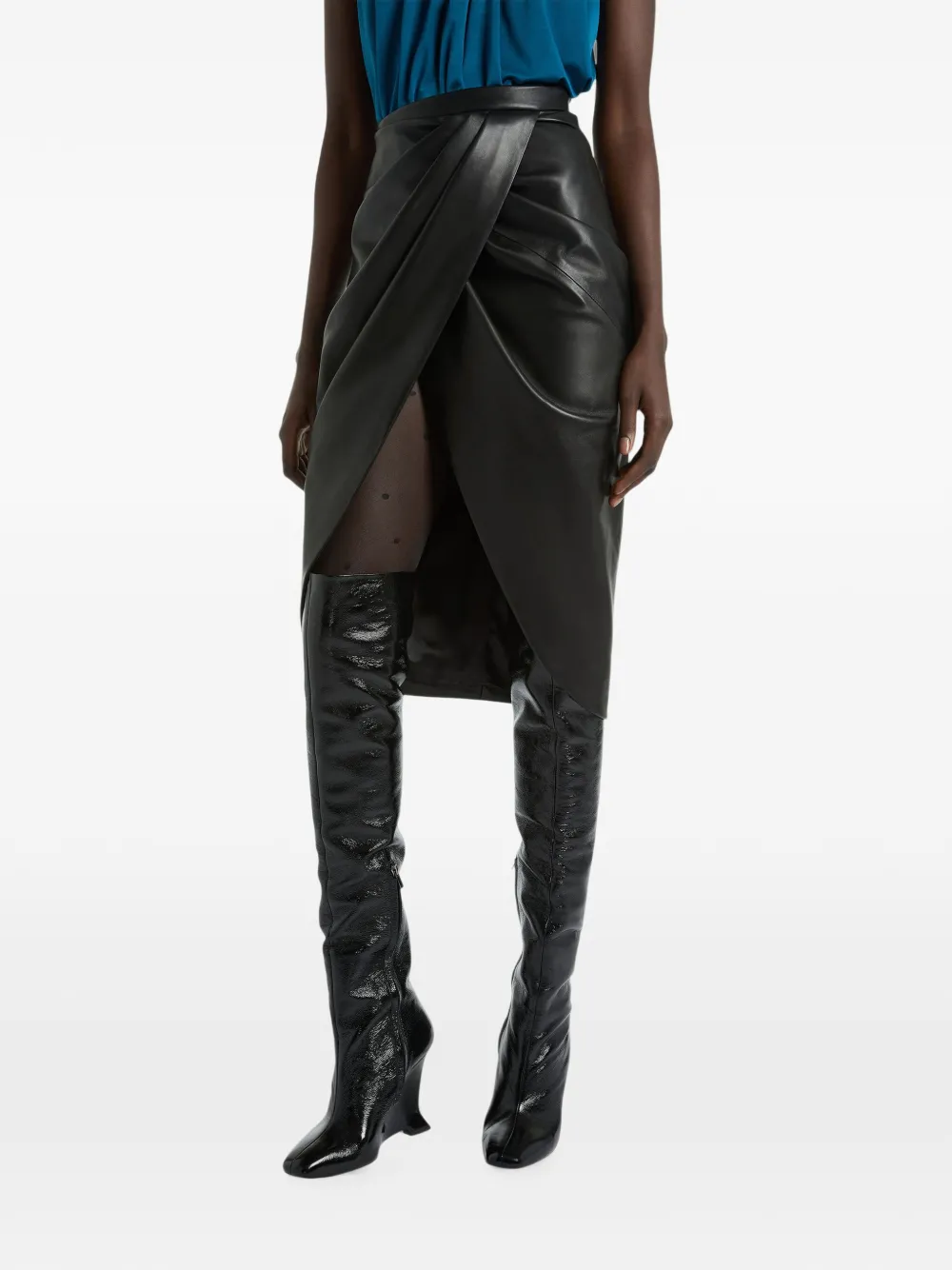 Balmain Gedrapeerde lamsleren midi-rok Zwart