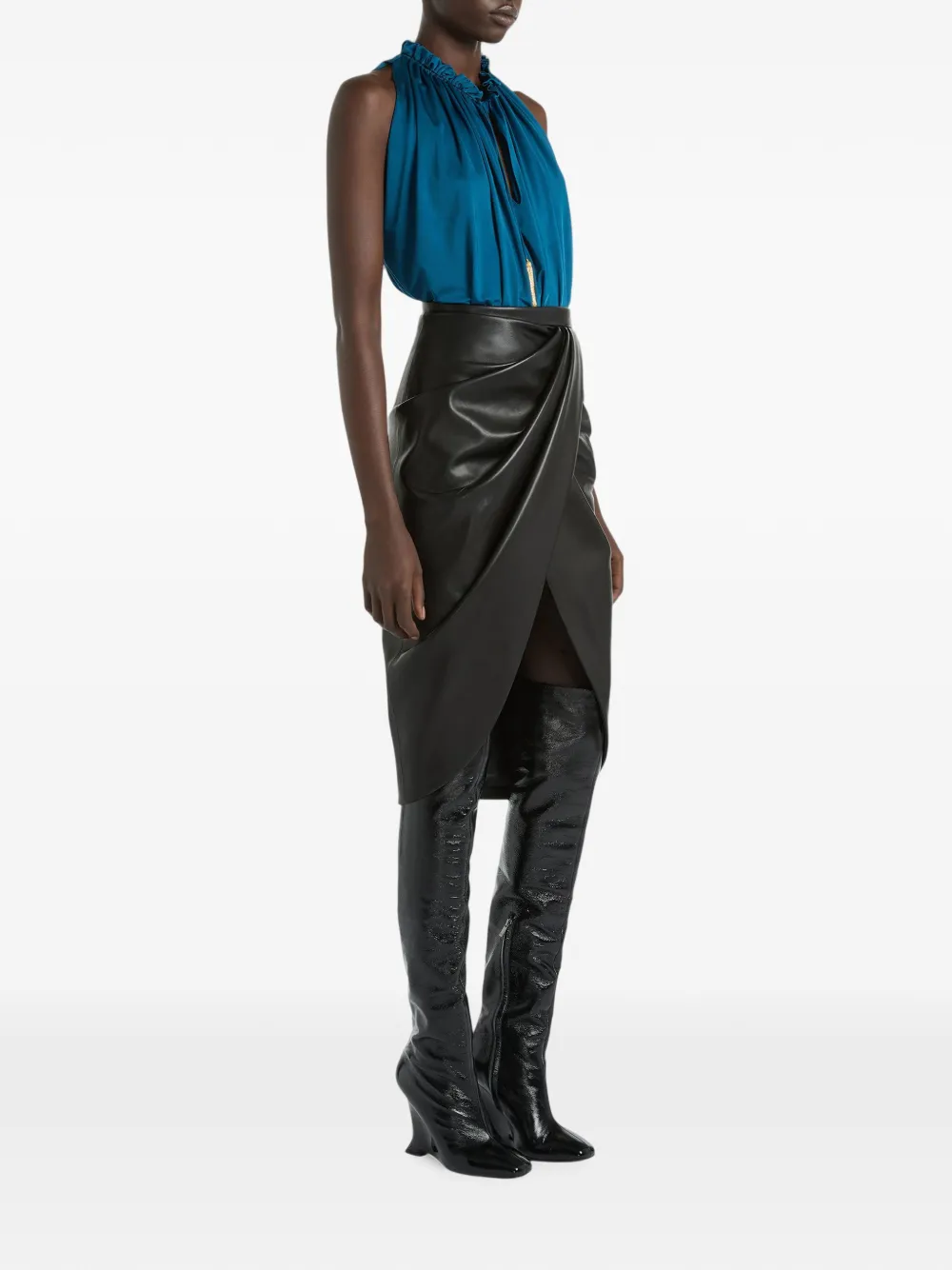 Balmain Gedrapeerde lamsleren midi-rok Zwart