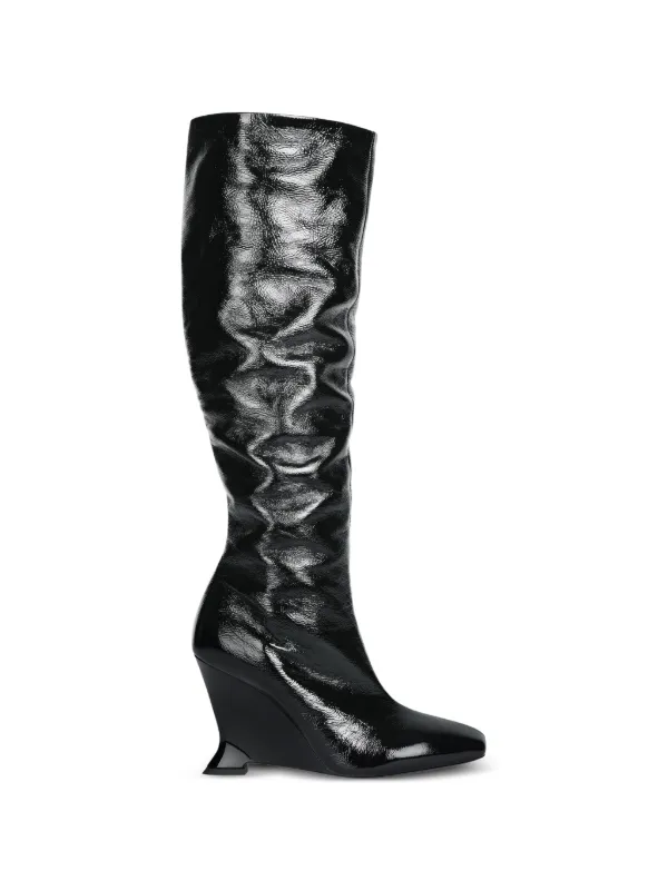 Balmain Wedge Boots in Crinkled Patent Leather in Black