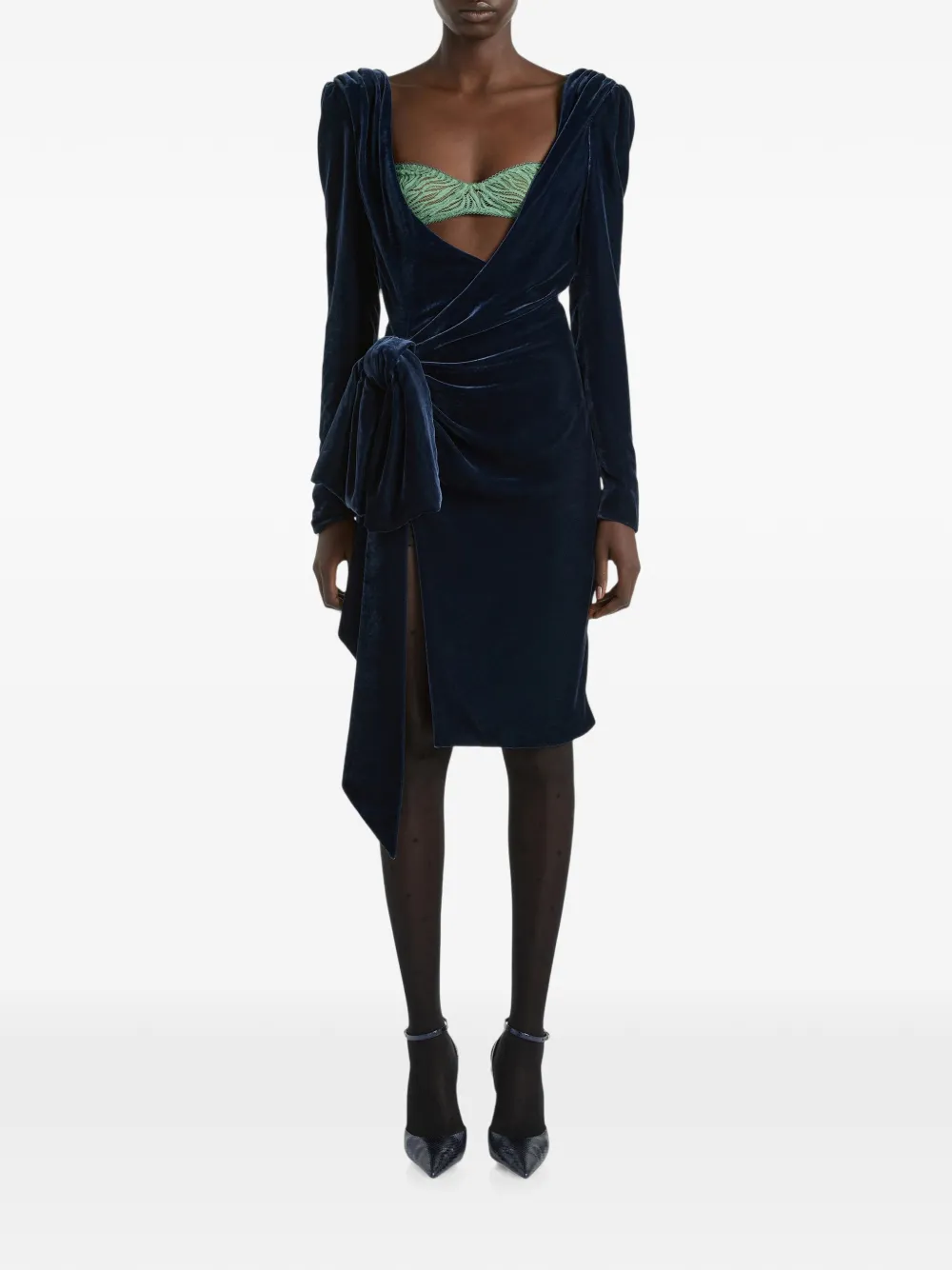 Balmain Fluwelen jurk met kanten bh en strikdetail Blauw