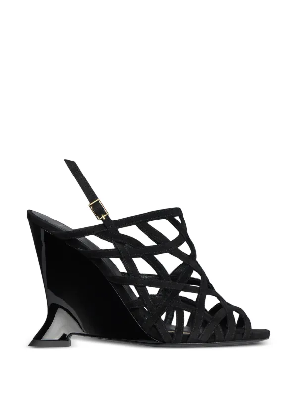 Balmain Wedge Cage Sandals in Suede in Black