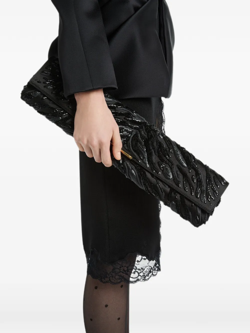 Balmain Lange satijnen clutch met borduurwerk Zwart