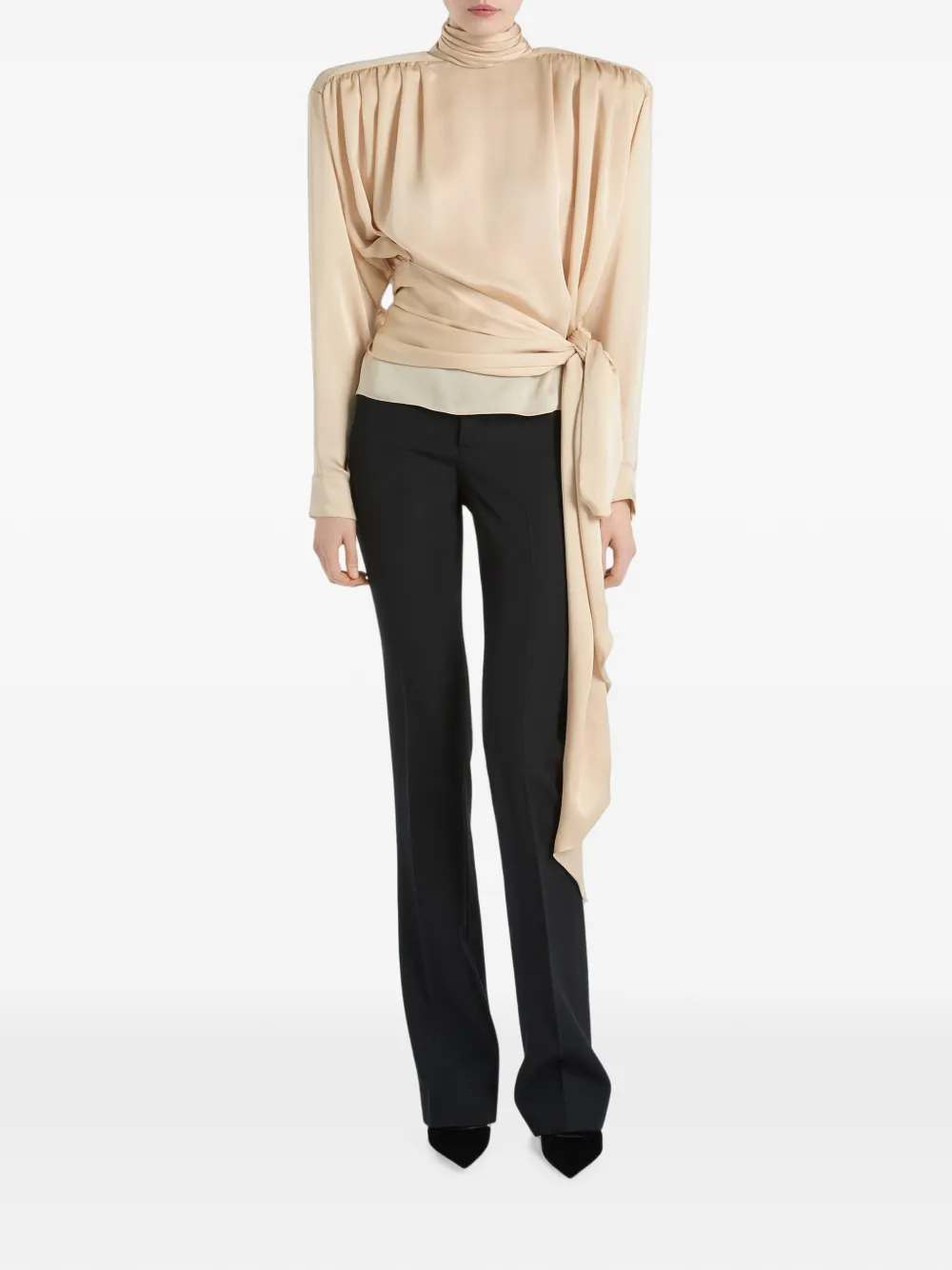 Balmain Zijden chiffon blouse met gewatteerde schouders en strik Beige