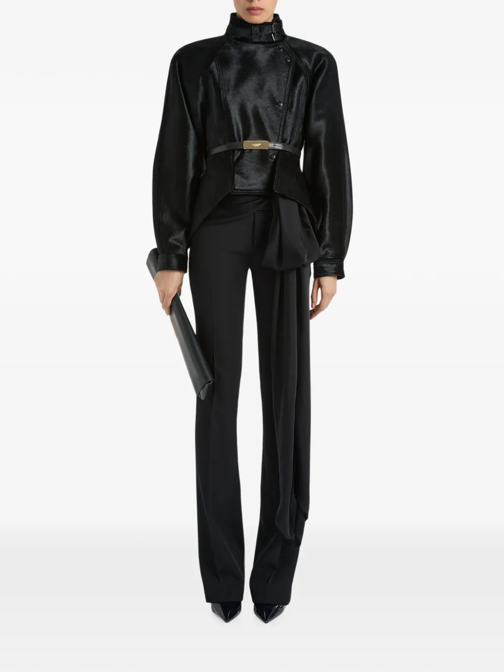 Balmain Leren peplum jack met pony-effect Zwart