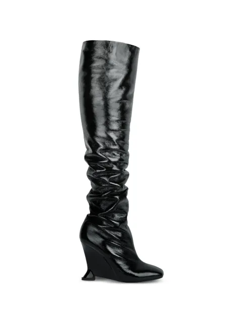 Balmain thigh-high wedge boots in crinkled patent leather