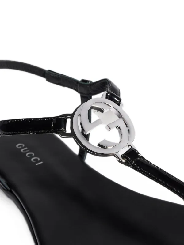 Gucci インターロッキングG エナメルレザーサンダル | ブラック