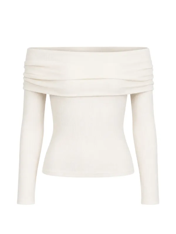 Petar Petrov Bodywork Off-shoulder Ribbed Top in Neutrals
