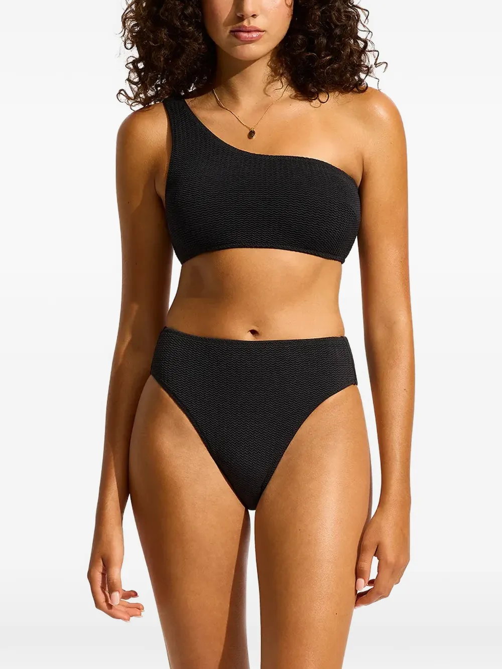Seafolly Sea Dive textured one-shoulder bikini top - Nero