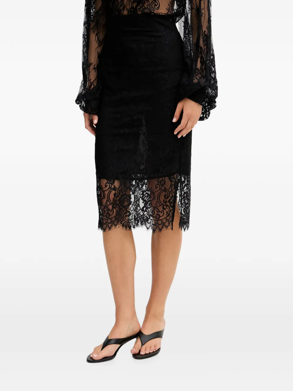 VICOLO lace-overlay scalloped-edge midi skirt - Nero