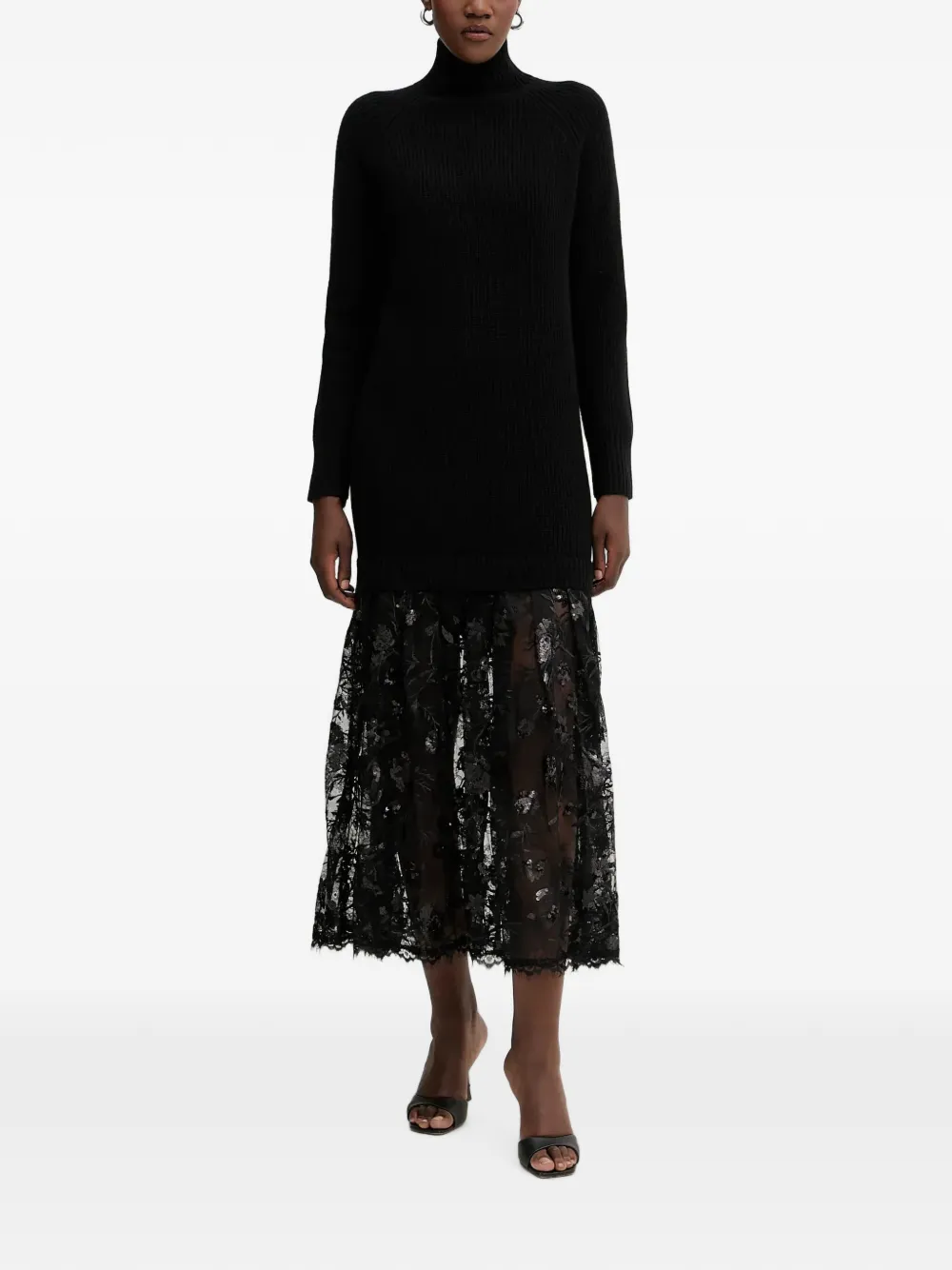 ERMANNO FIRENZE sequin-embellished lace-panel midi dress - Nero