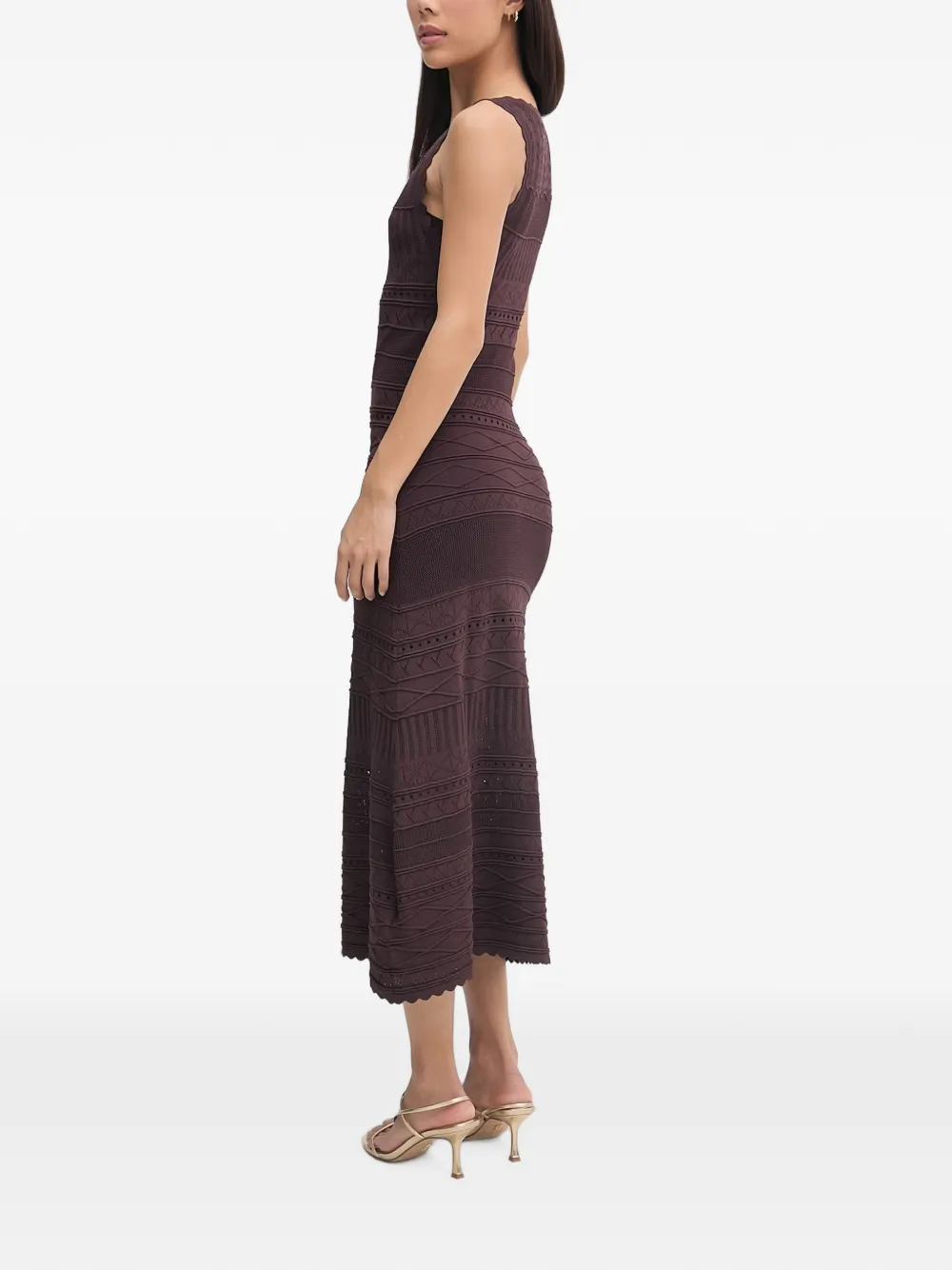 ERMANNO FIRENZE Pointelle gebreide midi-jurk met gewelfde afwerking Bruin