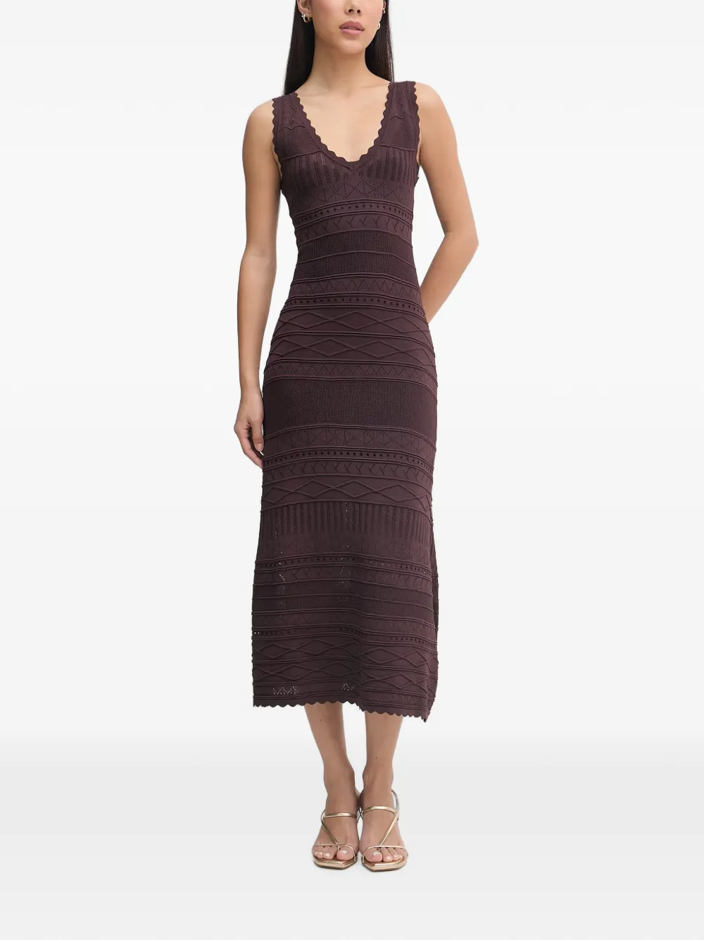 ERMANNO FIRENZE scallop-edge pointelle-knit midi dress - Marrone