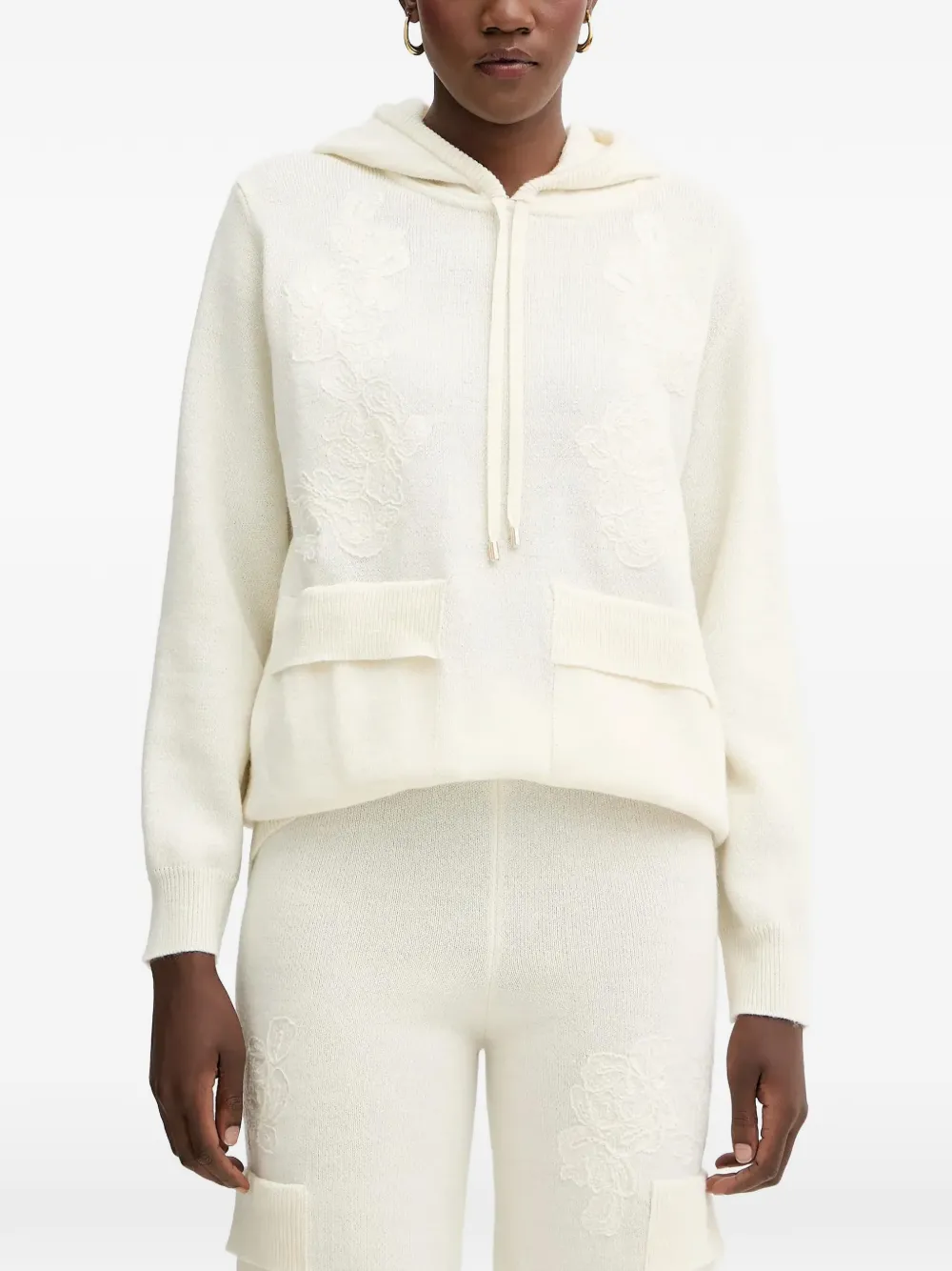 ERMANNO FIRENZE lace-embroidered sequinned hoodie - Neutrals