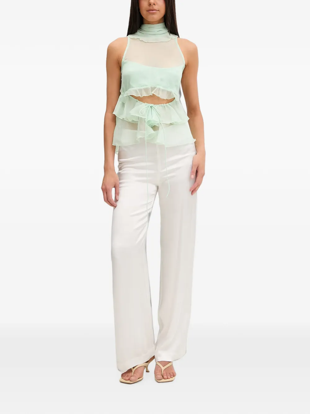 Bardot Cynthia mouwloze blouse met ruches en uitgesneden details Groen
