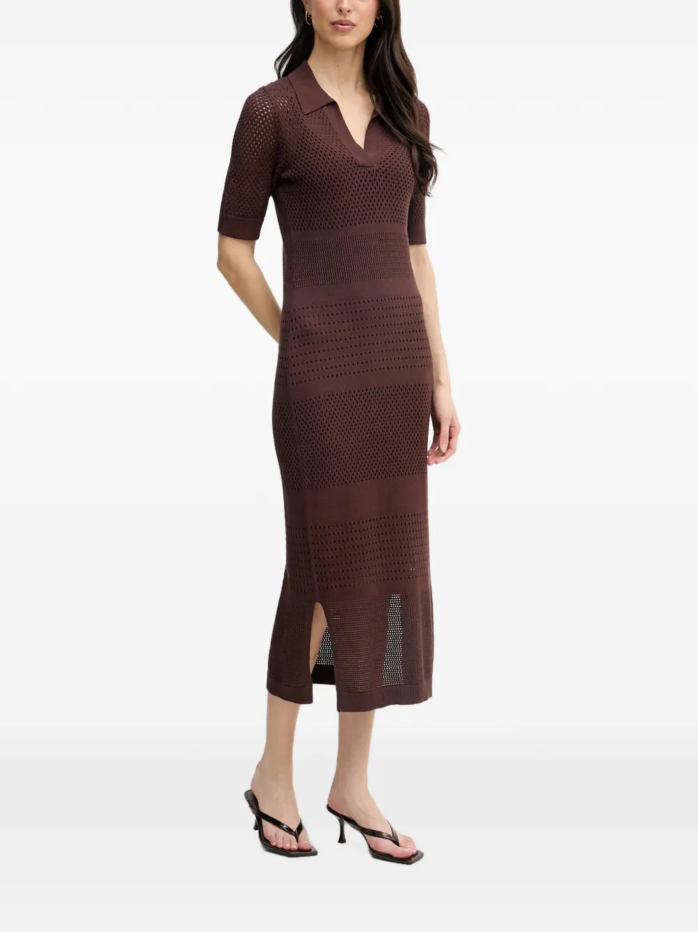 Joseph Ribkoff Gebreide midi-jurk met korte mouwen en geperforeerde details Bruin