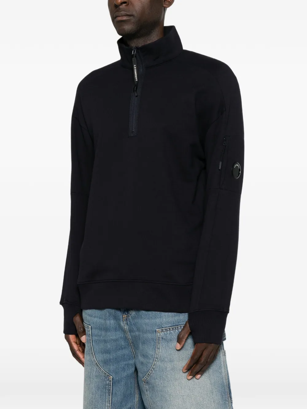 C.P. Company Sweater met kwartrits en Lens-detail Blauw