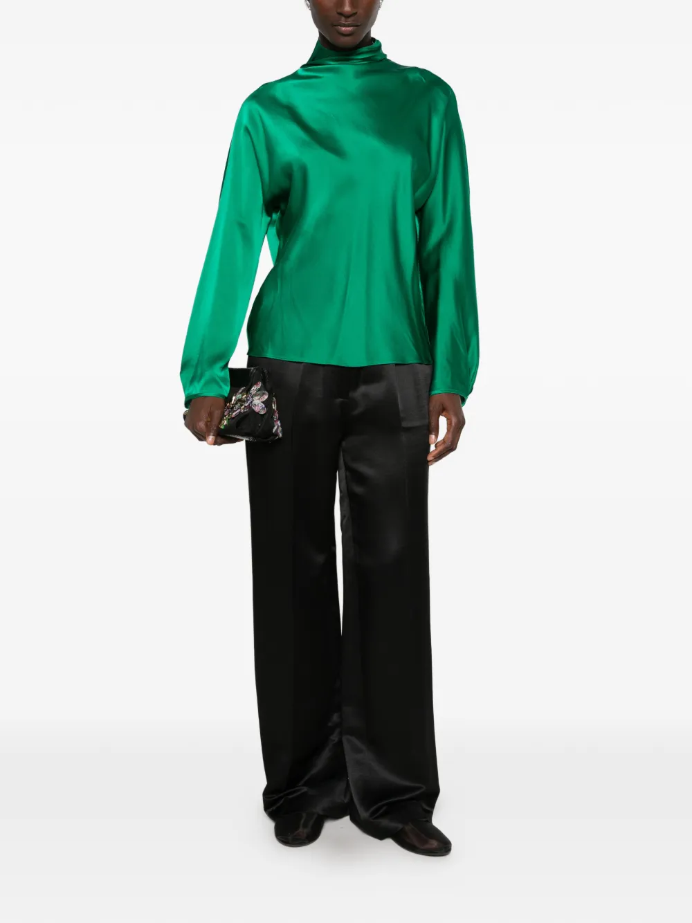 Forte Zijden satijnen blouse met soepelvallende hals Groen