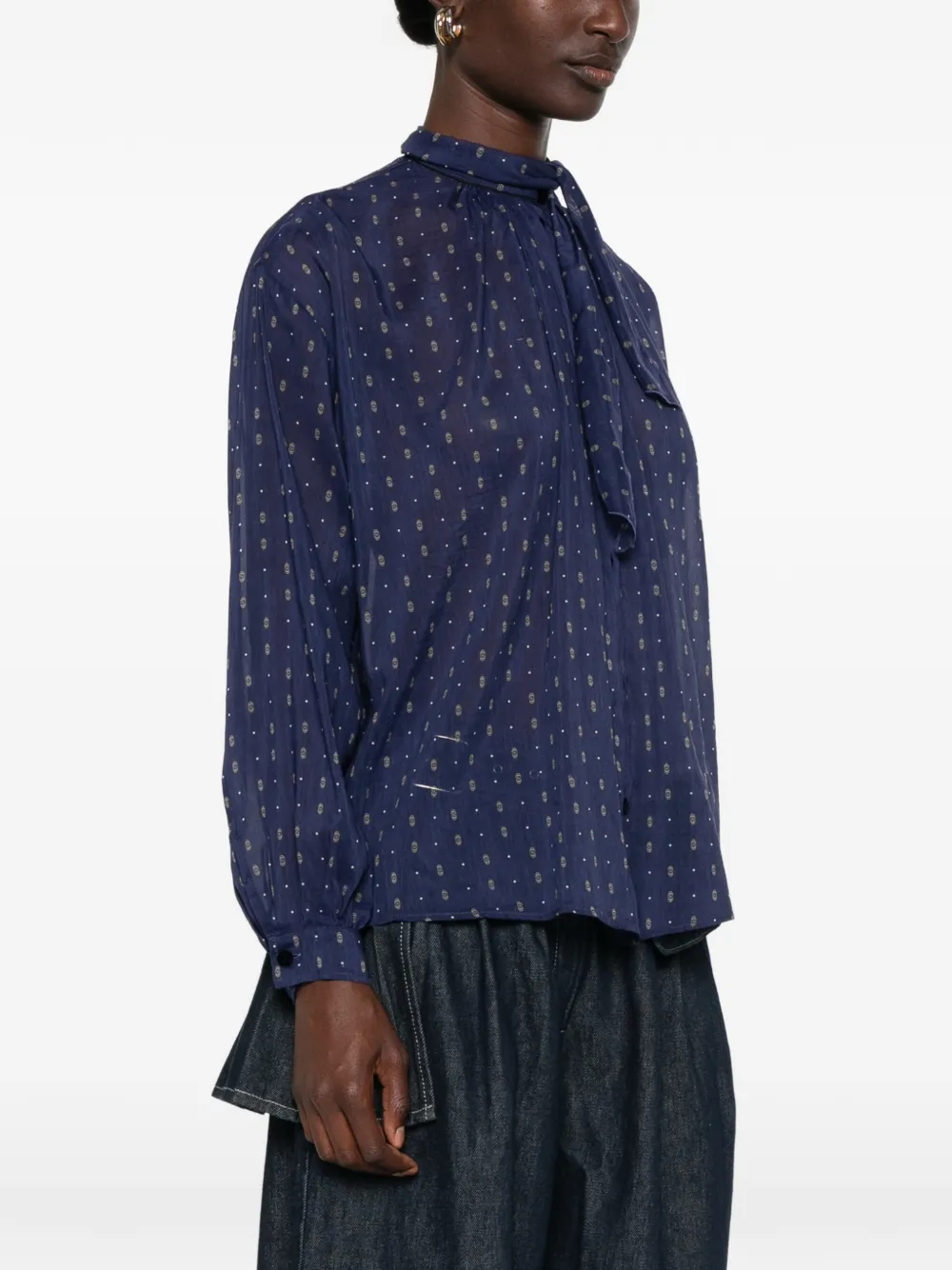 Forte Blouse met gestrikte hals en print Blauw