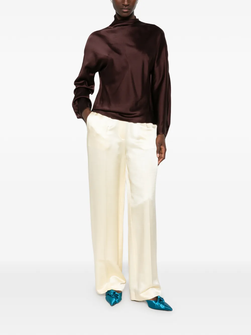 Forte Zijden blouse met soepelvallende hals Bruin