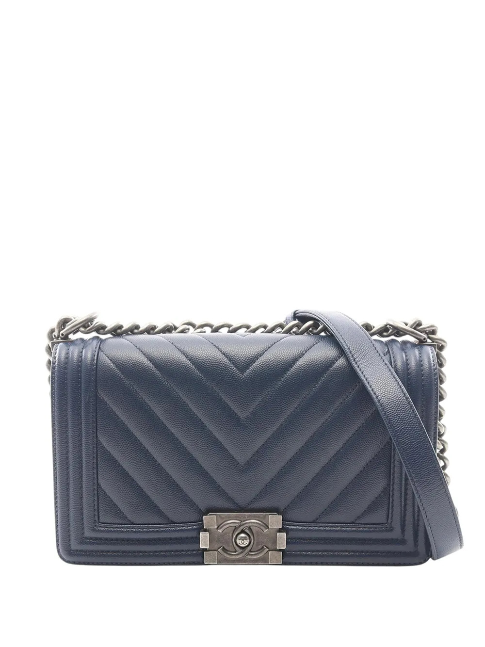 CHANEL Pre-Owned Borsa a tracolla Boy media in pelle Caviar con motivo chevron 2017-2018 - Blu