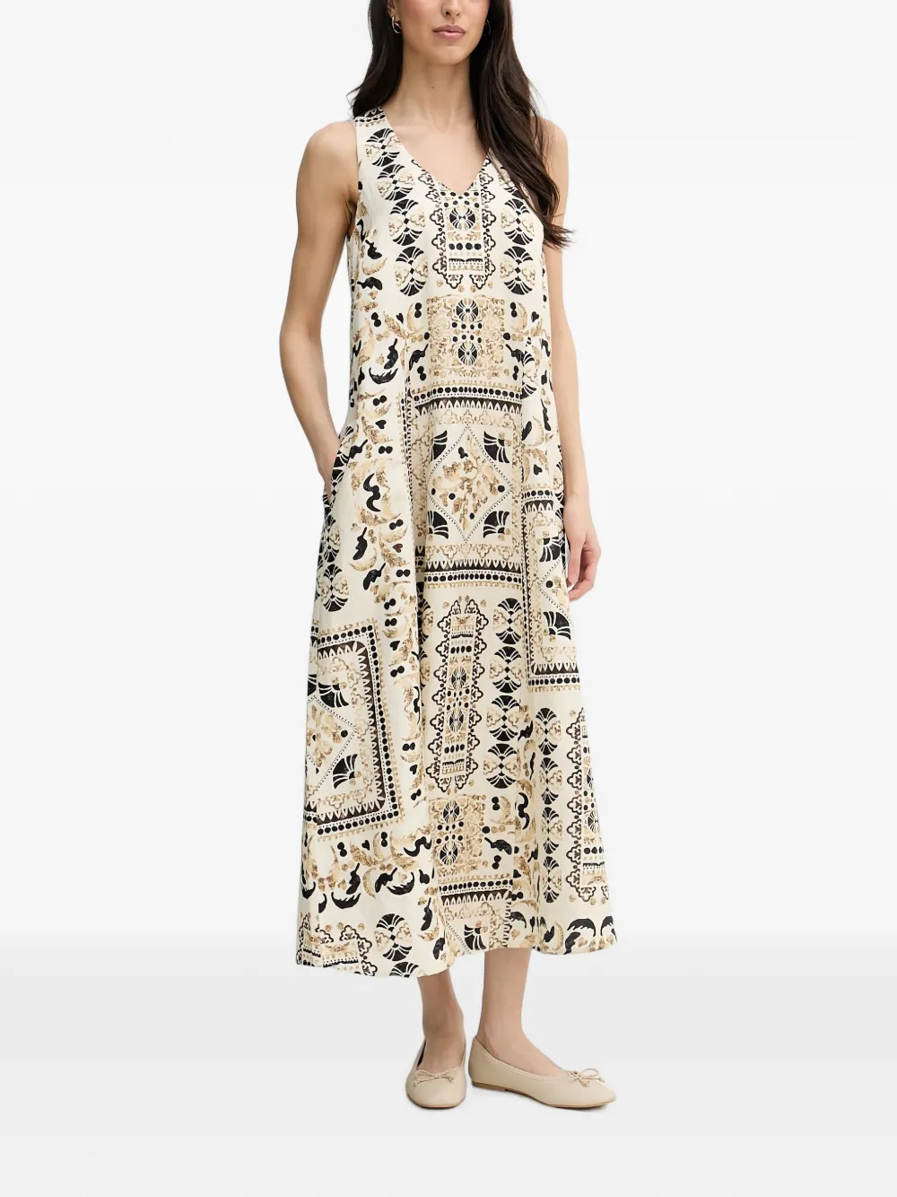 Joseph Ribkoff geometric-print V-neck midi dress - Neutrals