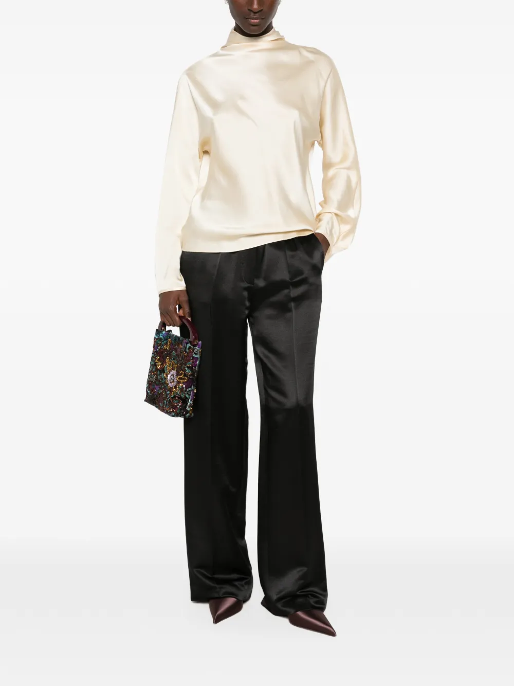 Forte Zijden blouse met soepelvallende hals Beige