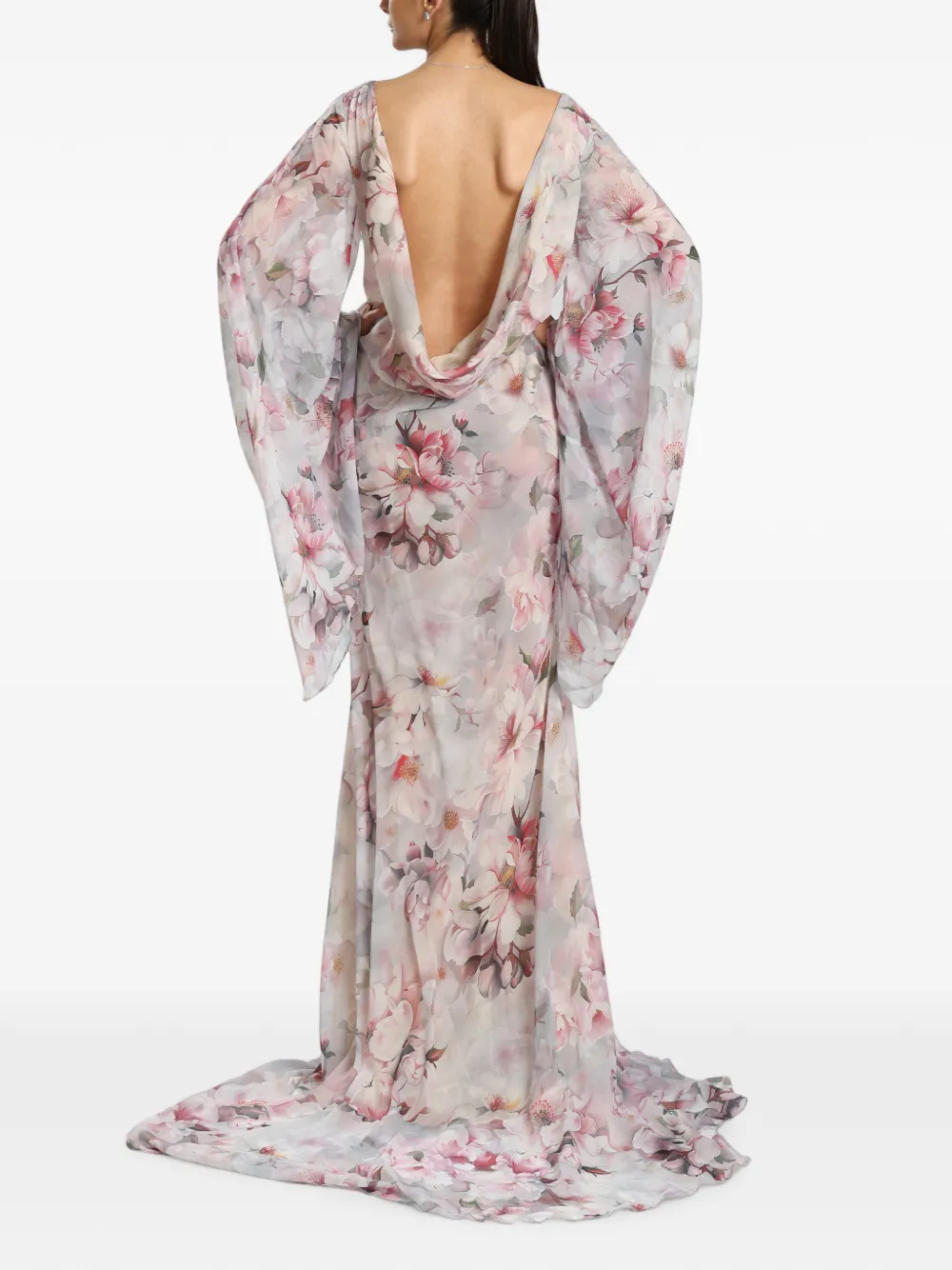 MIAU by Clara Rotescu Avondjurk met bloemenprint en open rug Beige