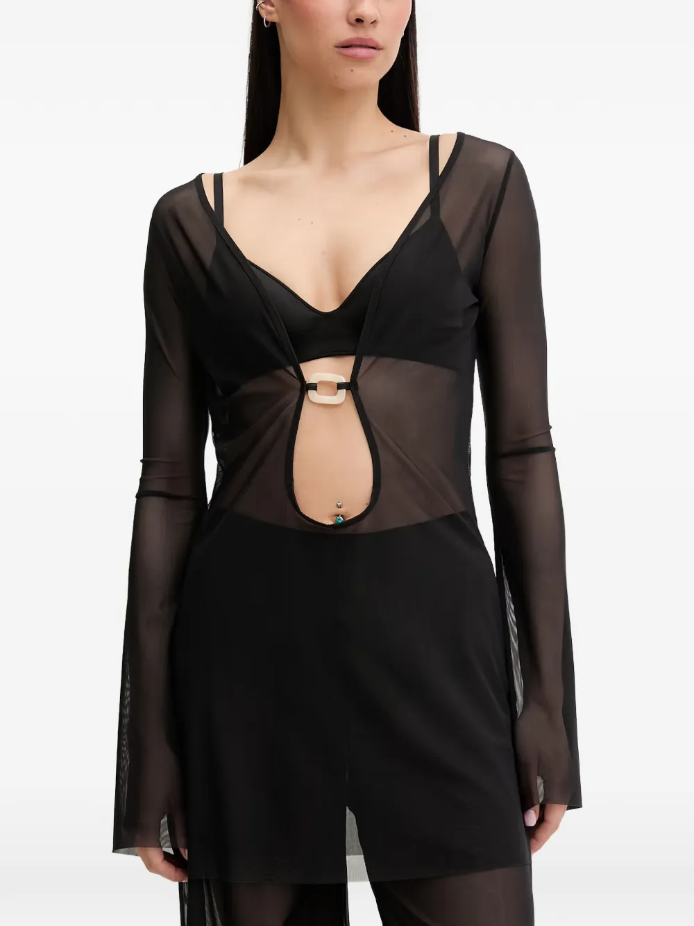 Bond-eye cut-out long-sleeve beach cover - Schwarz