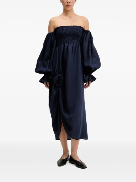 Sleeper off-shoulder smocked midi dress
