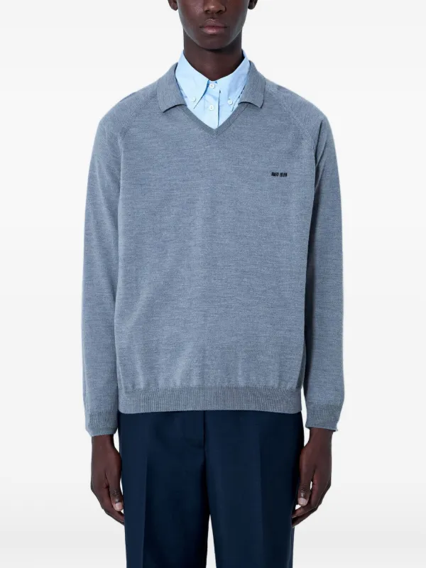 Miu Miu Logo-embroidered V-neck Sweater in Grey