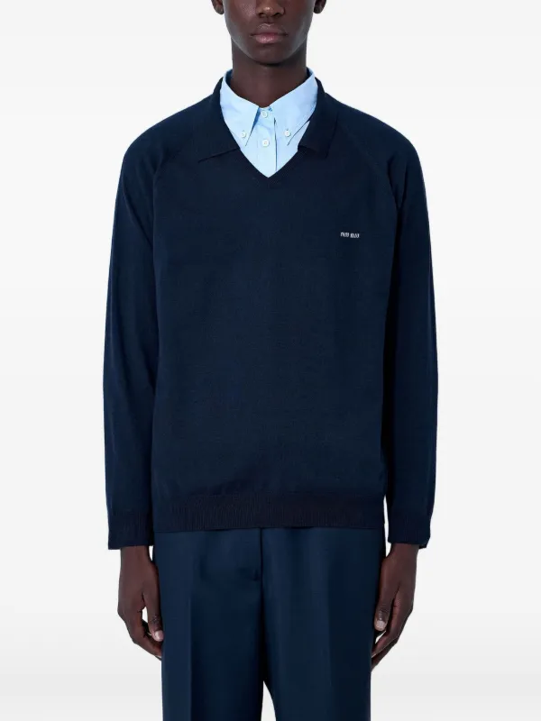 Miu Miu V-neck Logo-patch Sweater in Blue