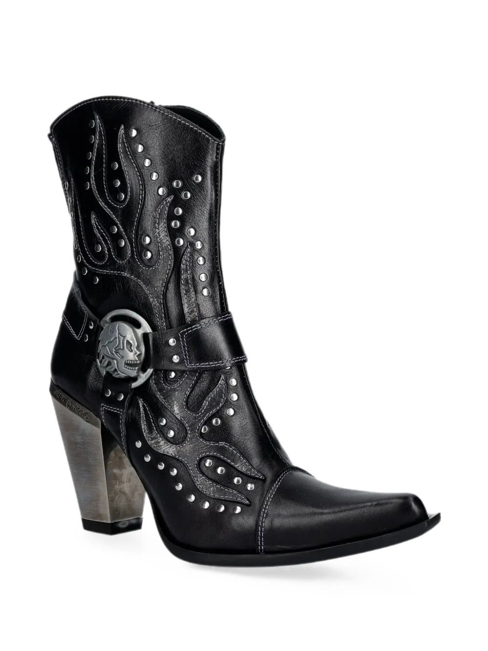 NEW ROCK skull-plaque flame-appliqué boots Zwart