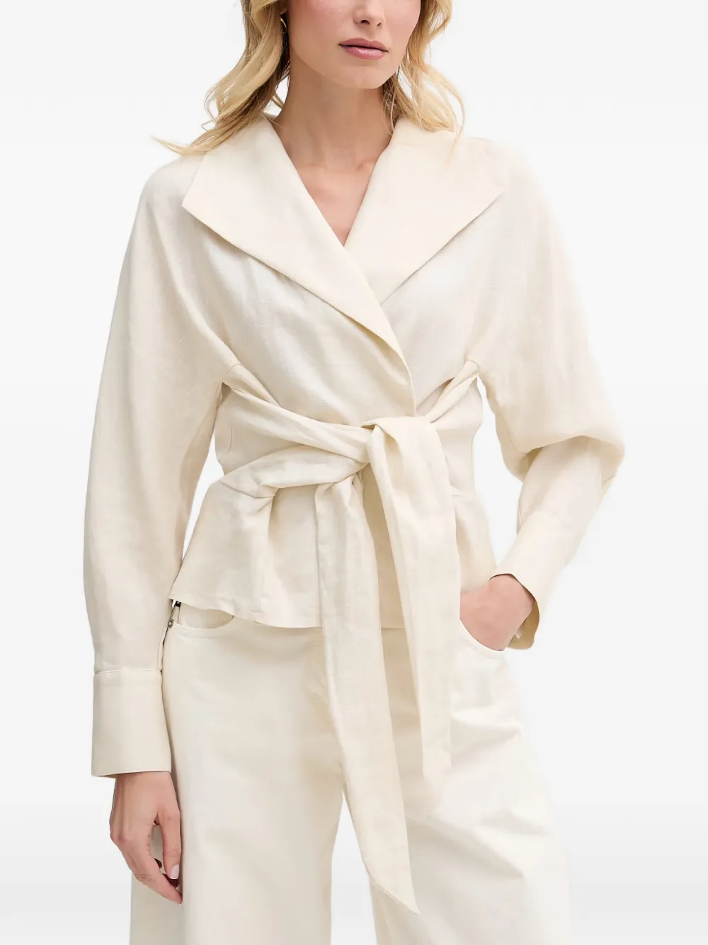 Pedro Del Hierro tie-waist shawl-collar top - Bianco