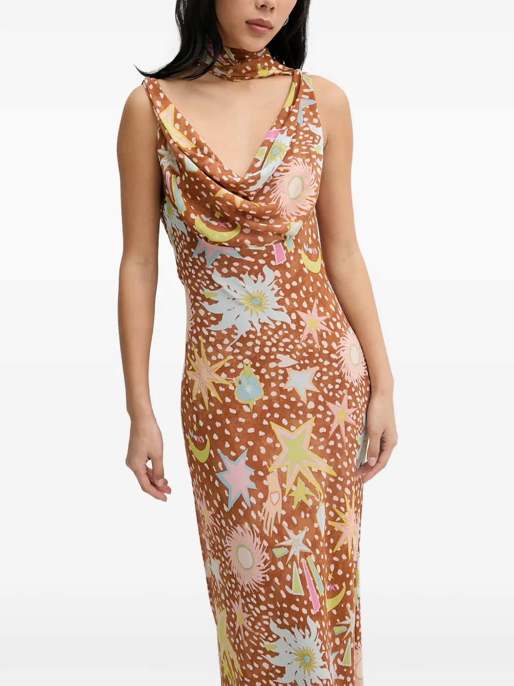Never Fully Dressed Celestial-print Cowl-neck Maxi Dress In Brown