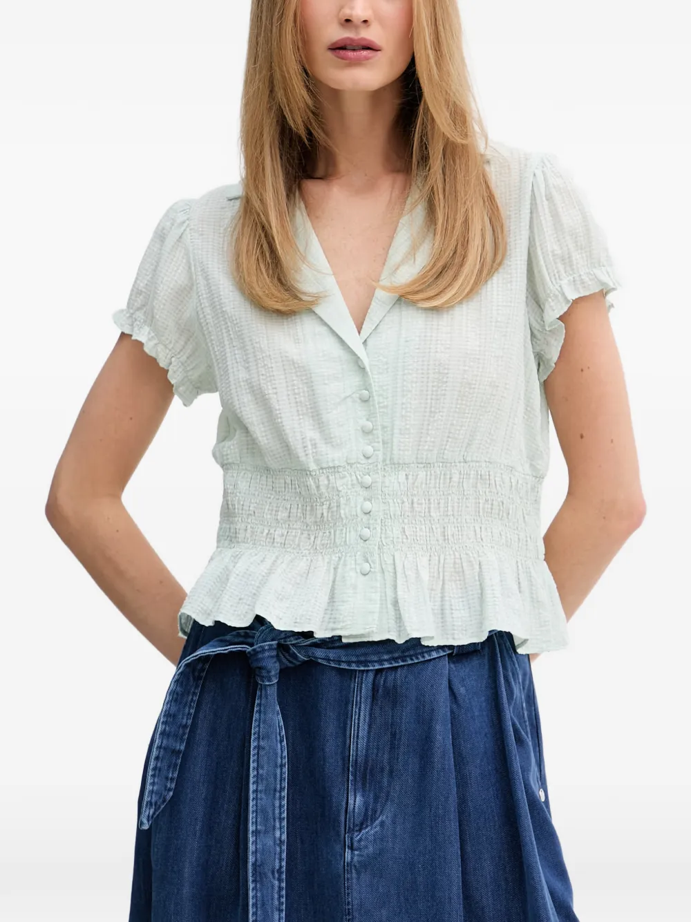 Pedro Del Hierro Seersucker Smocked Blouse In Green