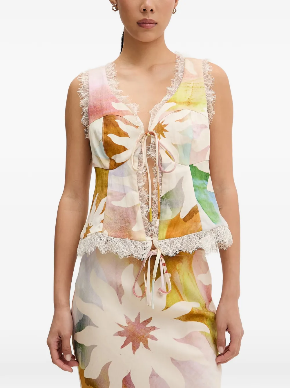 Never Fully Dressed Lace-trim Floral-print Top In 뉴트럴
