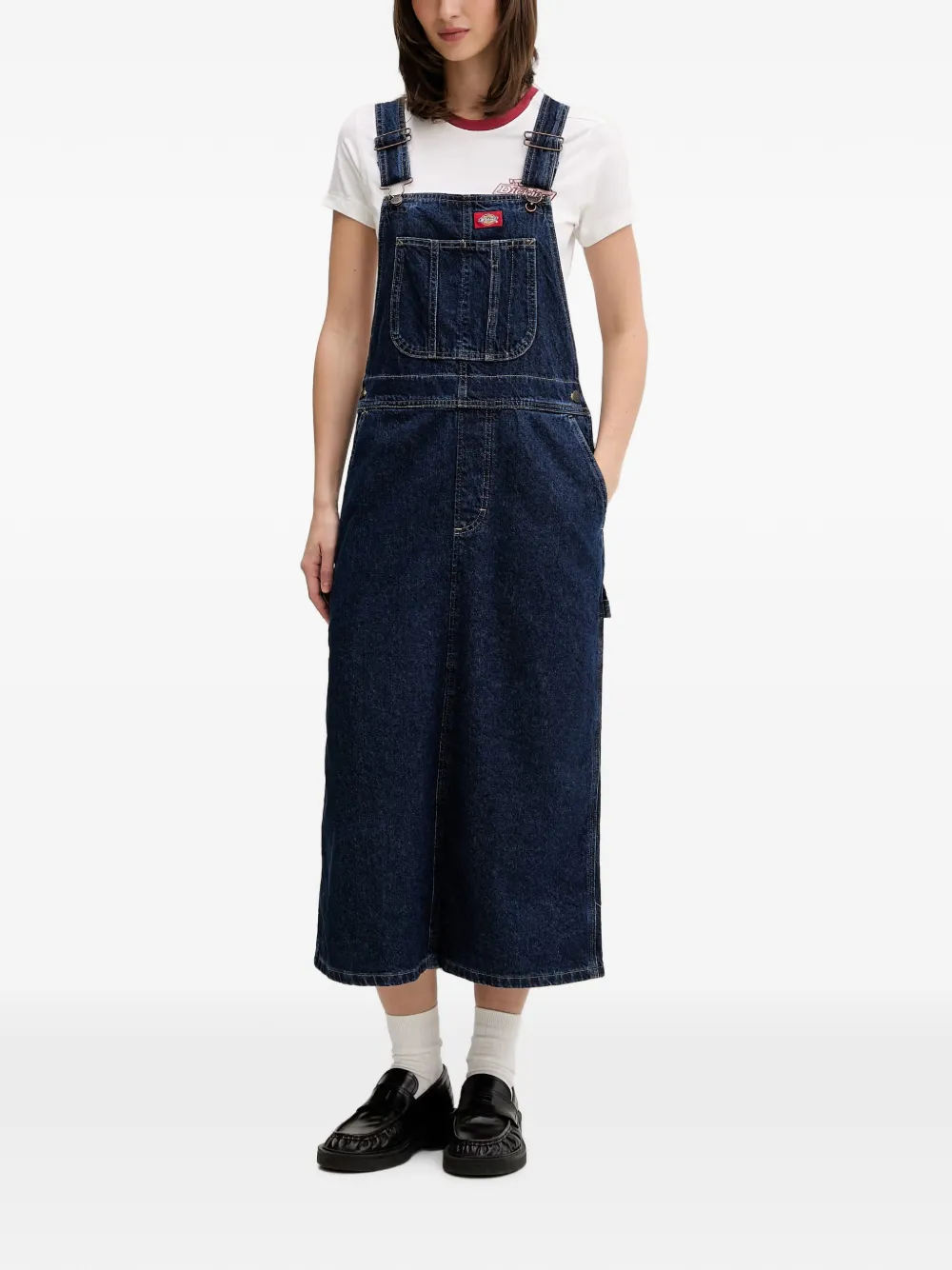 DICKIES logo-patch pinafore midi denim dress - Blu