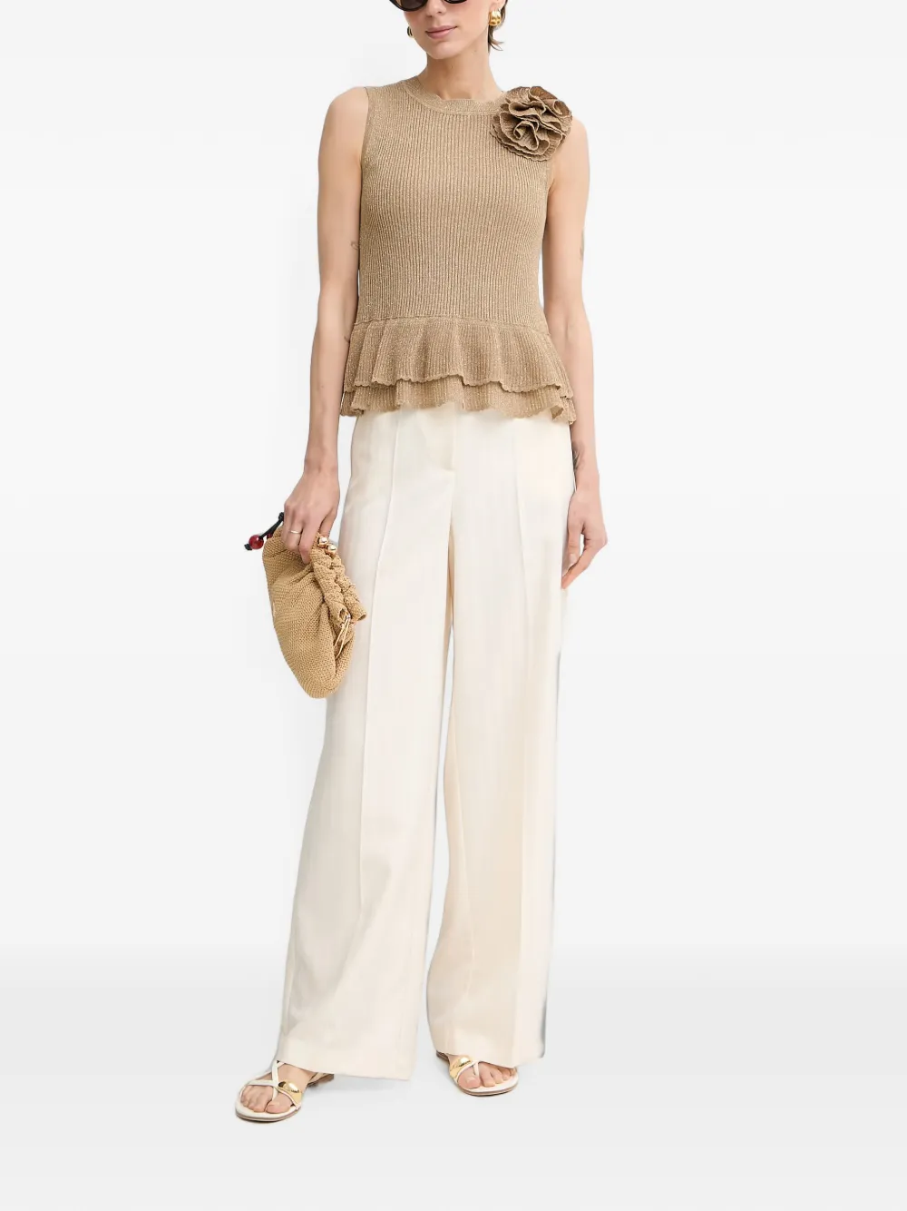 Patrizia Pepe Broek met chevron-patroon en logoplakkaat Beige
