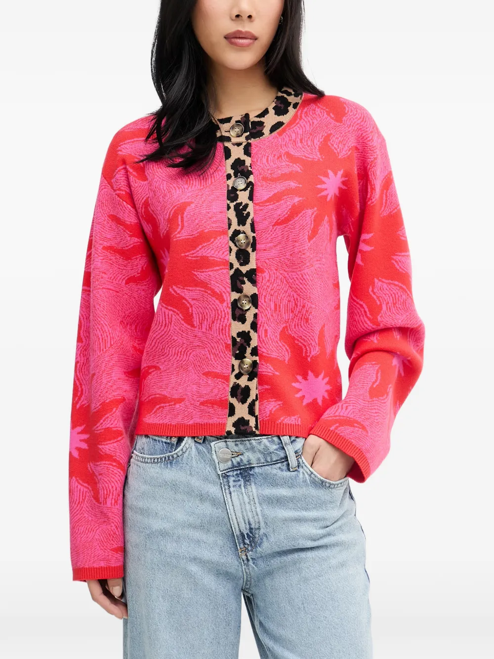 Never Fully Dressed Leopard-trim Floral-intarsia Cardigan In Pink