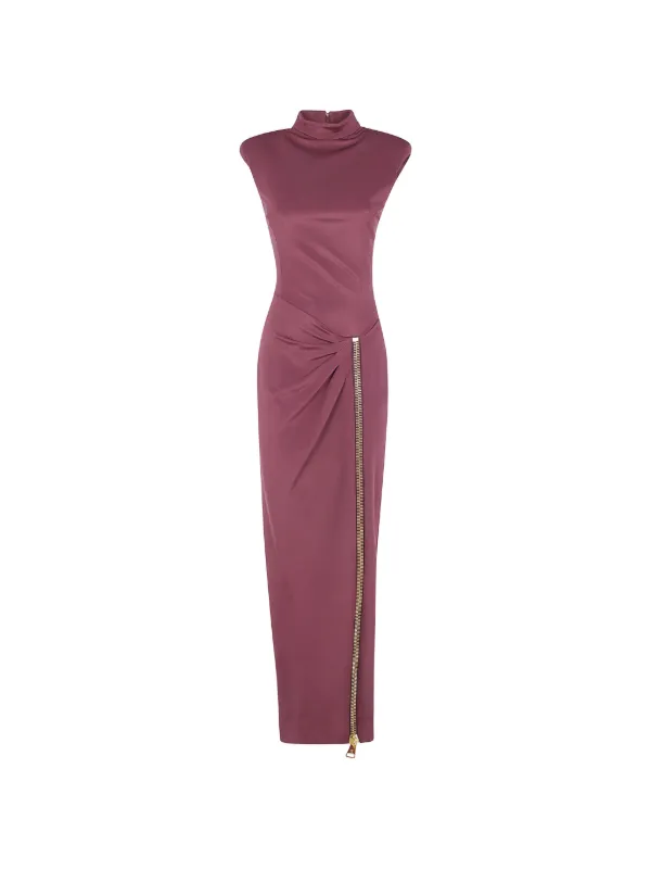 balmain jersey dress Mock-Neck Zip Slit Sleeveless Gown, PURPLE, Women's, 36 ELEVATED::ELEGANCE