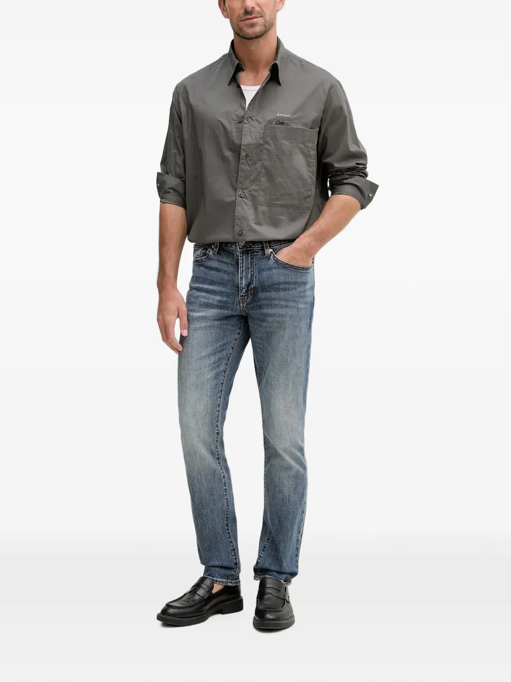 Armani Exchange Overhemd met geborduurd logo en borstzak Grijs